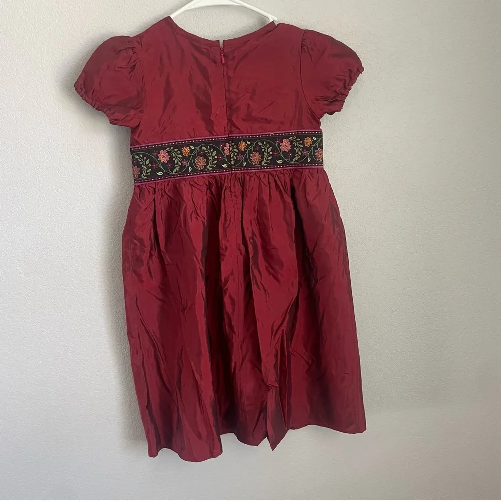 Hanna Andersson Girls Red Holiday Dress Puff Sleeve Embroidered Waist Size 6